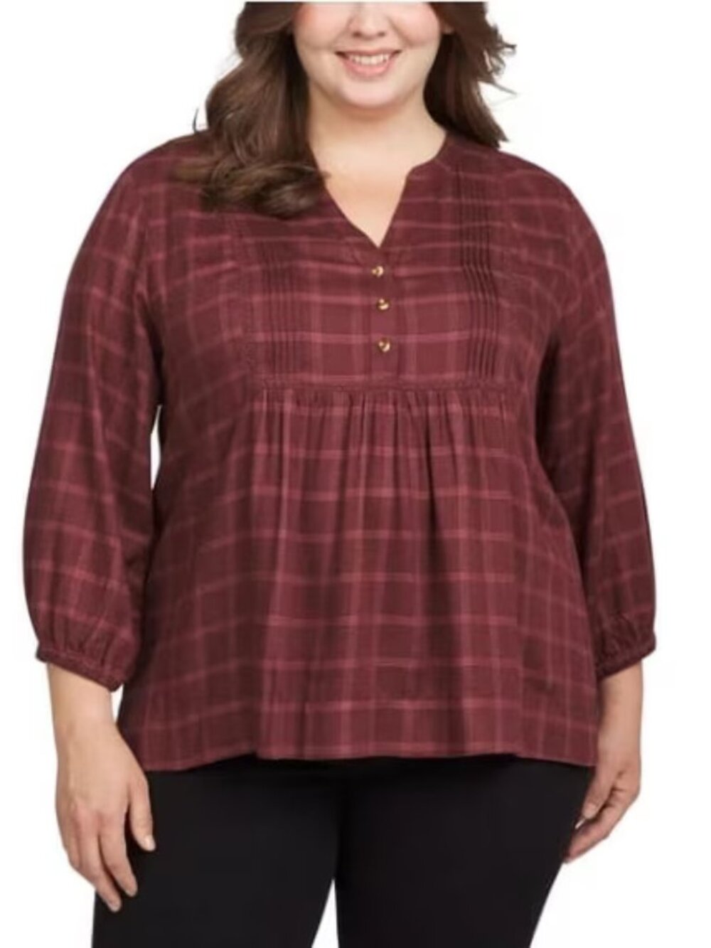 NWT Wrangler Women's Burgundy Blouse Plaid 3/4 Sleeves Elastic Cuffs Size XL